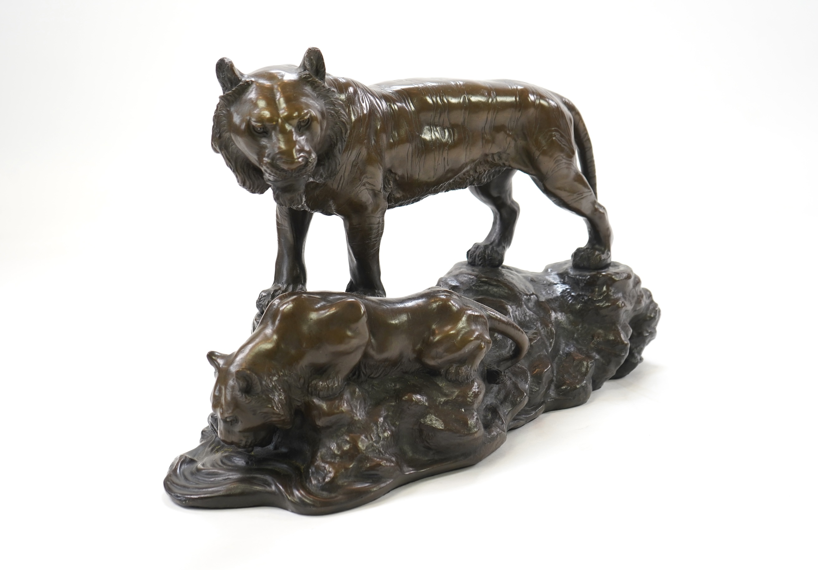 CHANGE TO DESCRIPTION- After Genryusai Seiya, a large patinated bronze group of two tigers on a riverbank